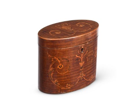 A GEORGE III HAREWOOD AND MARQUETRY TEA CADDY IN THE MANNER OF GILLOWS, CIRCA 1790 Of oval form, , finely inlaid with scrolli