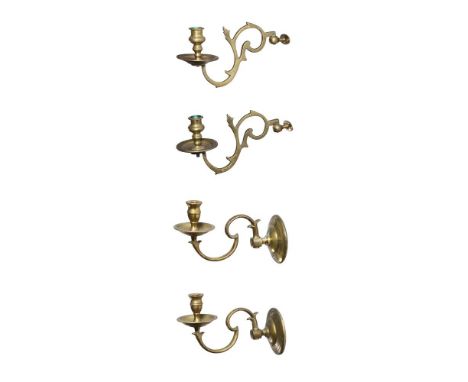 TWO PAIRS OF BRASS WALL LIGHTS 18TH CENTURY First pair with circular wall mounts, scroll branches22cm protuberanceSecond pair