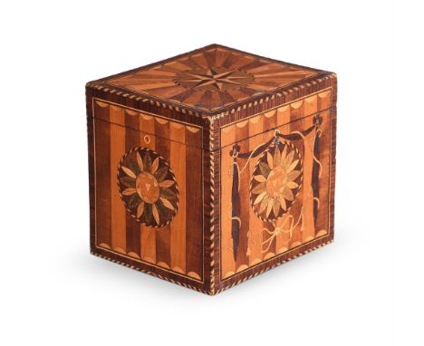 Y A RARE GEORGE III SPECIMEN PARQUETRY AND MARQUETRY TEA CADDY IN THE MANNER OF GEORGE HEPPLEWHITE, CIRCA 1790 The hinged top