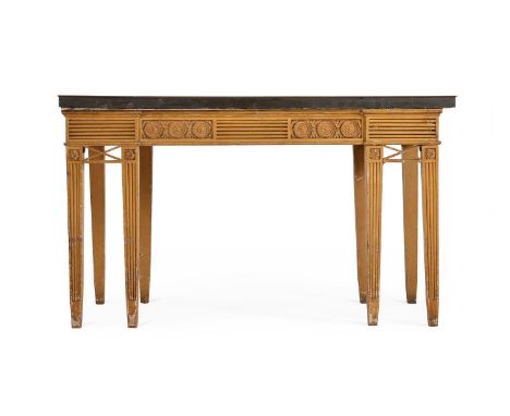 A CARVED AND SCUMBLED WOOD SIDE OR CONSOLE TABLEIN GEORGE III STYLE, 19TH CENTURYWith scagliola top 94cm high, 157.5cm wide, 