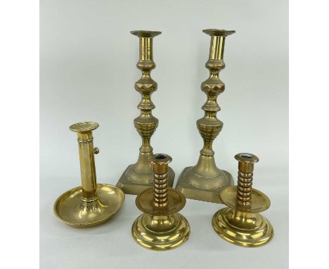 PAIR 17TH CENTURY STYLE BRASS CANDLESTICKS, S.Eastman Co. Concord. New York, another socket candlestick marked ABADAM no.14, 