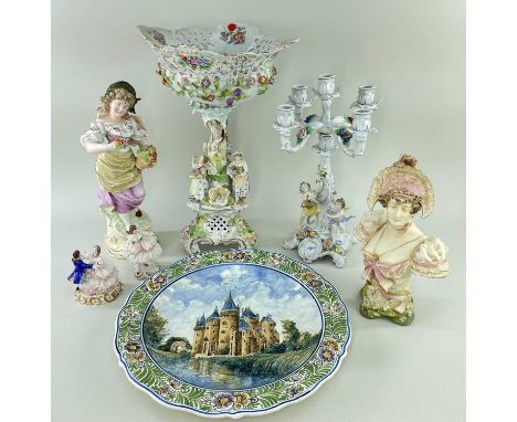 ASSORTED CONTINENTAL CERAMICS, including Dresden figural comport (damaged), Dresden figural five light candelabra (one arm re