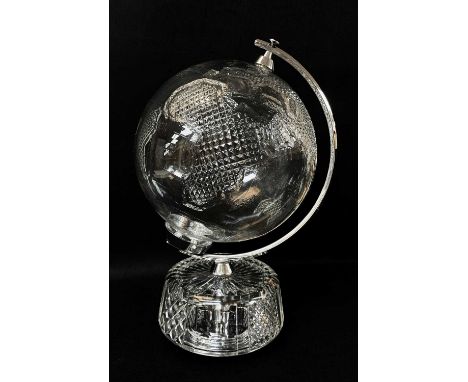 LARGE WATERFORD CRYSTAL TERRESTRIAL GLOBE ON STAND, with chrome metal fittings, 48.5cms high, with aluminium transport trunkC