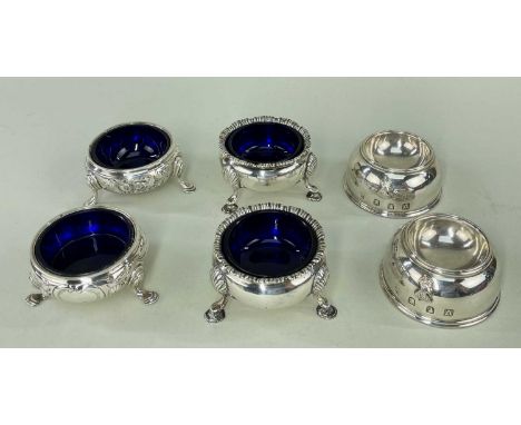 THREE PAIRS SILVER SALTS, comprising pair George III cauldron salts with shell and hoof feet and rocaille rims, London 1767; 