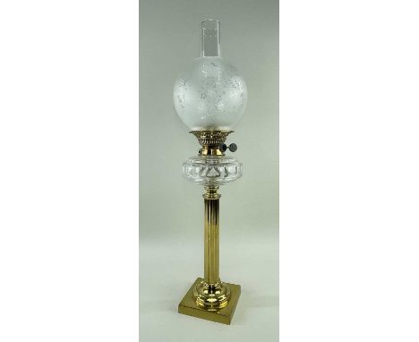 VICTORIAN GILT BRASS, CUT &amp; FROSTED GLASS OIL LAMP, 69cm high (incl. funnel)