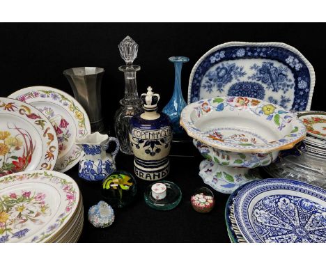 ASSORTED CERAMICS, including souvenir Dutch Cherry Brandy flask, glass decanter, set of RHS flower plates, 2 Royal Doulton se