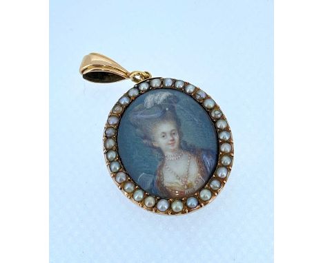 19TH CENTURY OVAL PENDANT ON LOOP, depicting hand-painted portrait of a lady within border of seed pearls to the yellow metal