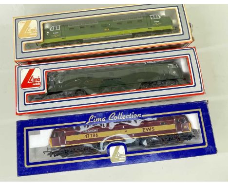 THREE LIMA HO GAUGE DEISEL LOCOMOTIVES, comprising L204792 Class 47786 EWS Roy Castle in maroon/gold; 205105M D9003 Meld in B