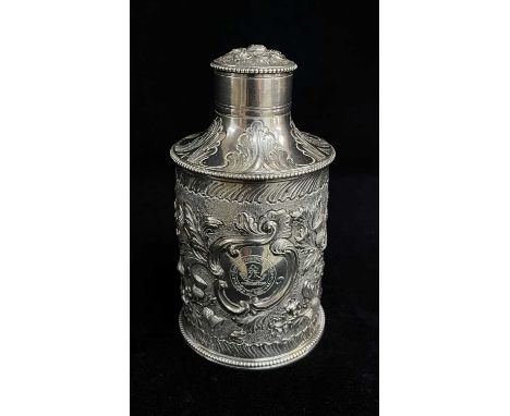 GEORGE III SILVER TEA CADDY, Hester Bateman, London 1781, later decorated with embossed national flowers on a textured ground