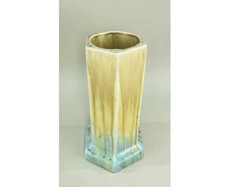 RUSKIN POTTERY HEXAGONAL VASE, designed by William Howson Taylor, caramel to turquoise crystalline glaze, 22.5cm h