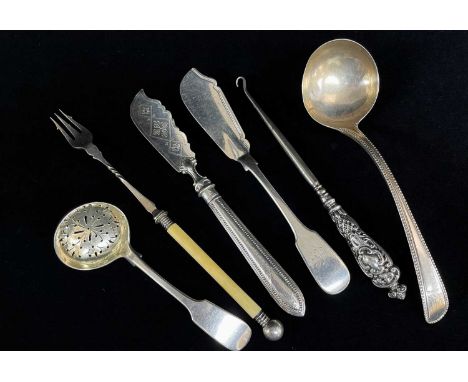 ASSORTED SILVER ITEMS comprising two silver fish knives, silver ladle by Hester Bateman, silver handled button hook, plated s