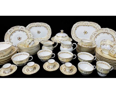 EARLY 19TH CENTURY COALPORT FELDSPAR PORCELAIN PART BREAKFAST SERVICE, yellow moulded borders and richly gilt, comprising eig