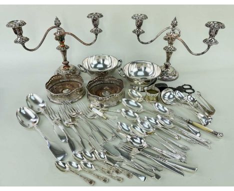 ASSORTED PLATED ITEMS, including pair two-branch candelabra, pair Elkington twin-handled bowls, pair Old Sheffied Plate bottl