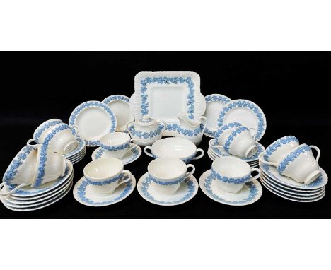 WEDGWOOD 'QUEENSWARE' BLUE & WHITE MOULDED PART TEA SET, comprising twelve cups, seven circular plates, six feather edge plat