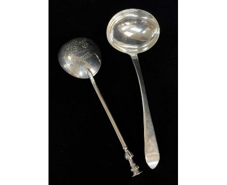 GEORGE IV IRISH SILVER SAUCE LADLE &amp; EDWARD VII SEAL TOP SPOON, James Scott, Dublin 1822, point end with rat-tail, 18cm l