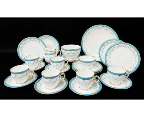 MINTONS BONE CHINA SIX-PIECE TEA SERVICE, pattern 'A5980', blue celeste and gilt borders, comprising 6x cups, saucers and pla