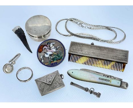 ASSORTED SILVER COLLECTABLES comprising engine turned travel comb, circular box and cover, silver fob stamp case in the form 