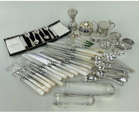 ASSORTED SILVER TABLEWARE &amp; PLATED FRUIT EATERS, including various silver condiment spoons, silver pepper grinder, silver