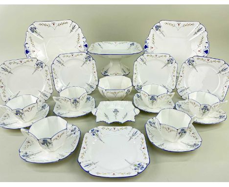 SHELLEY 'BLUE IRIS' PATTERN BONE CHINA PART TEA SERVICE, comprising 7 cups, 12 saucers, 11 side plates, 2 bread and butter pl