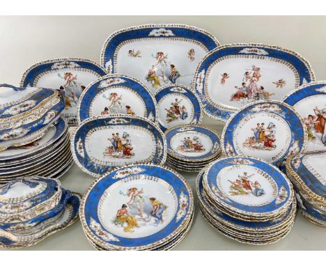 CONTINENTAL PORCELAIN PART DINNER SERVICE, colour-printed with classical figures allegorical of the Arts, blue botders, gilt 