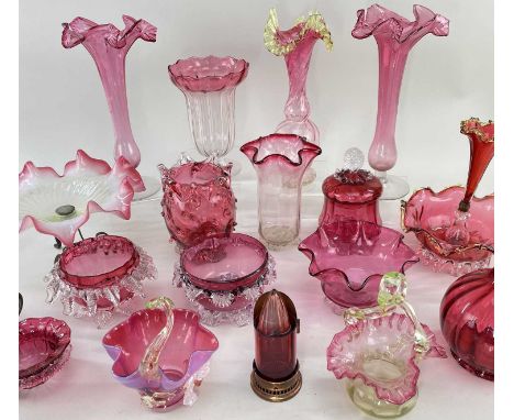 ASSORTED VICTORIAN TINTED &amp; CRANBERRY GLASSWARE, including celery vase, oil lamp base, pair of handkerchief design tall v