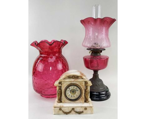 VICTORIAN CRANBERRY GLASS OIL LAMP, LARGE CRANBERRY SHADE &amp; MANTEL CLOCK, oil lamp 55cm h (incl. funnel), shade 36cm h, m