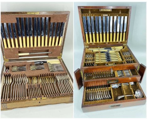 TWO CANTEENS OF PLATED CULTERY , including 1930s OAK CASED CANTEEN by F. Cobb & Co, complete for eight place settings, steel 