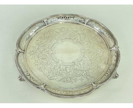 VICTORIAN SILVER SALVER, probably Henry Wilkinson & Co., London 1867, lobed, beaded and pierced border, engraved acanthus scr