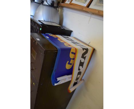 Four modern garage banners marked Dunlop, Goodyear etc
