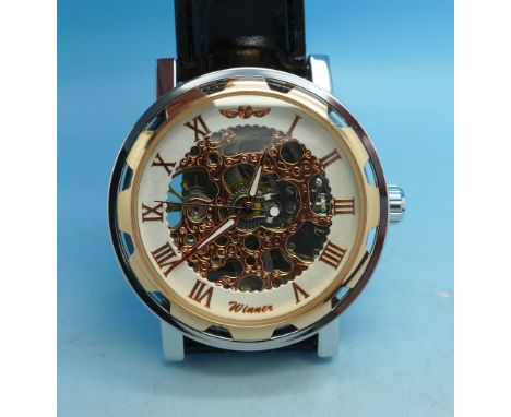 A gentleman's Winner manual wind wristwatch, skeleton dial, in an associated Kronen & Sohne box