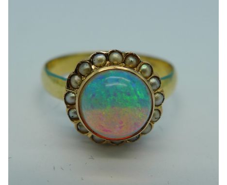 An 18ct gold, opal and pearl cluster ring, 2.8g, O