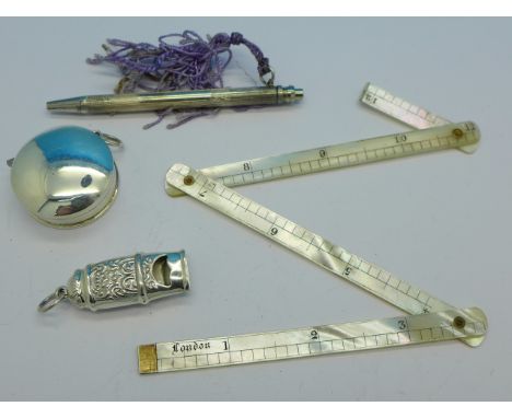 A mother of pearl ruler, a 925 silver cased tape measure, a 925 silver whistle and a sterling silver pencil, ruler a/f