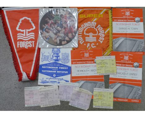Nottingham Forest football programmes from 1967, ticket stubs, pennant and a charity picture disc single