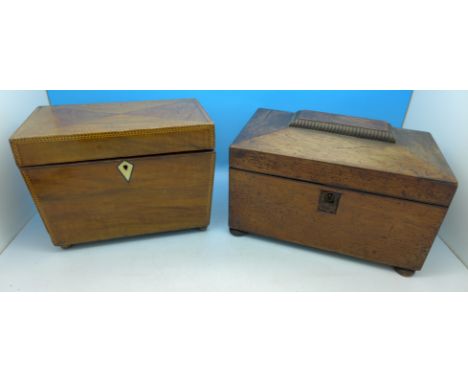 An early 19th Century walnut tea caddy and a rosewood tea caddy, missing cartouche