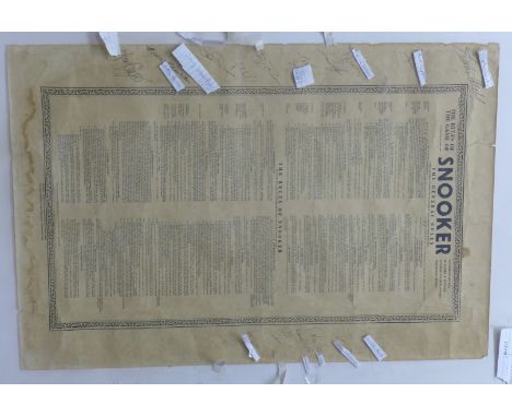 A framed Rules of Snooker signed with snooker celebrities including Jimmy White, John Parrot, Rex Williams, Stephen Hendry