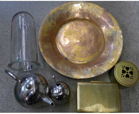 A copper Arts and Crafts dish, brass boxes and a stainless steel teapot and sugar basin