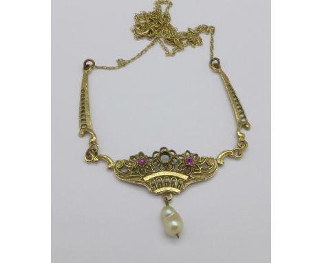 A 9ct gold, ruby and pearl necklet, stamped 9ct, lacking one ruby, 3.3g