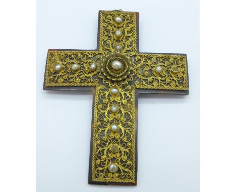 A Victorian tortoiseshell, yellow metal and pearl cross pendant, lacking three pearls, 62mm x 49mm