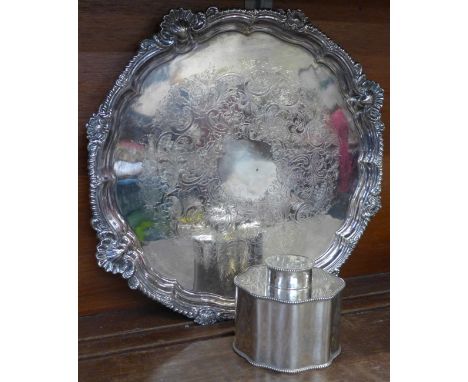A Sheffield plate salver with cast metal edge, 39cm and a plated tea caddy
