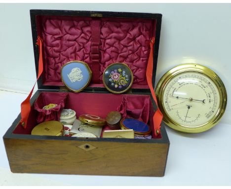 A collection of compacts including Stratton, pill boxes, a modern barometer with a walnut work box