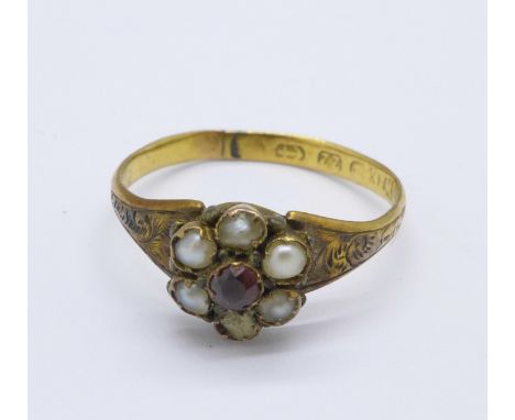 A 22ct gold and pearl ring, lacking one pearl, 1.4g, K