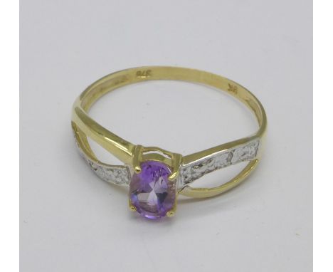 A 9ct gold, amethyst and diamond ring, 1g, O