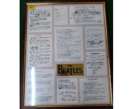 The Beatles-A framed montage comprising prints of original song-writing notes, 54cm x 42cm. Location:RWB 