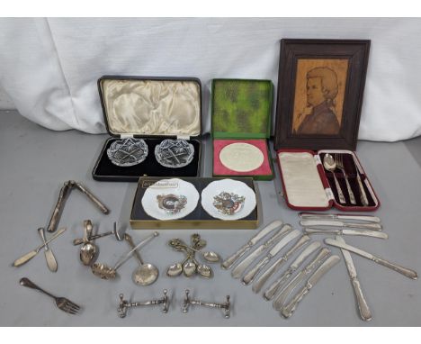 Mixed collectables to include a christening set, flatware, a music award, marquetry portrait, butter dishes, mixed flatware a