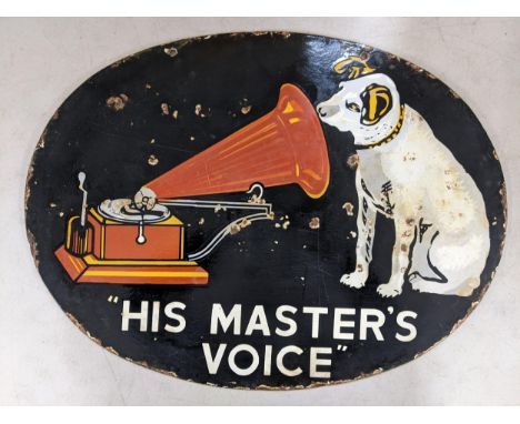 A late 20th century double-sided 'His Master's Voice' enamel advertising sign 45.5cm h x 61cm w Location: SL 