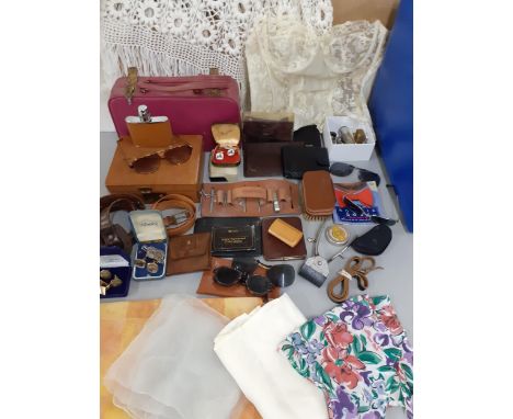 A vintage clothing and accessories lot to include a small London made leather jewellery box, belts, wallets, cigarette cases,