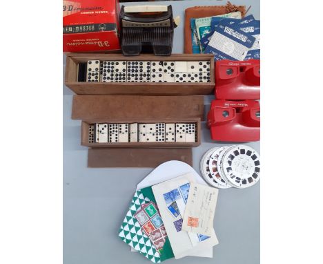 Two vintage Domino sets made of bone, three vintage Viewmasters and reels together with a small quantity of franked stampsLoc