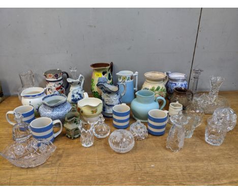 Mixed 19th century and later ceramic jugs and mixed cut and pressed table glass to include a Burleigh ware Croma green marria