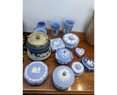 A collection Wedgwood Jasperware to include Lilly jars, vases, trinket boxes, together with a Adams Tunstall biscuit jar with