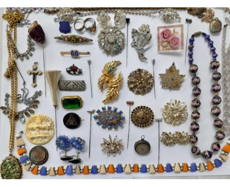 Vintage costume jewellery to include 2 Aurora Borealis necklaces, a micro-mosaic bar brooch, enamelled, gold tone and silver 